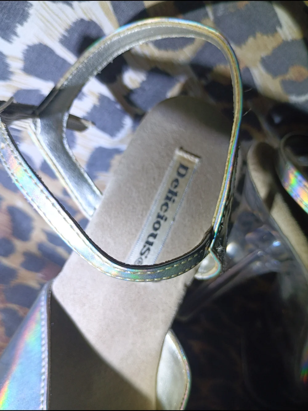 Delicious Metallic Silver Holographic Clear Platform Lucite Stiletto Heels